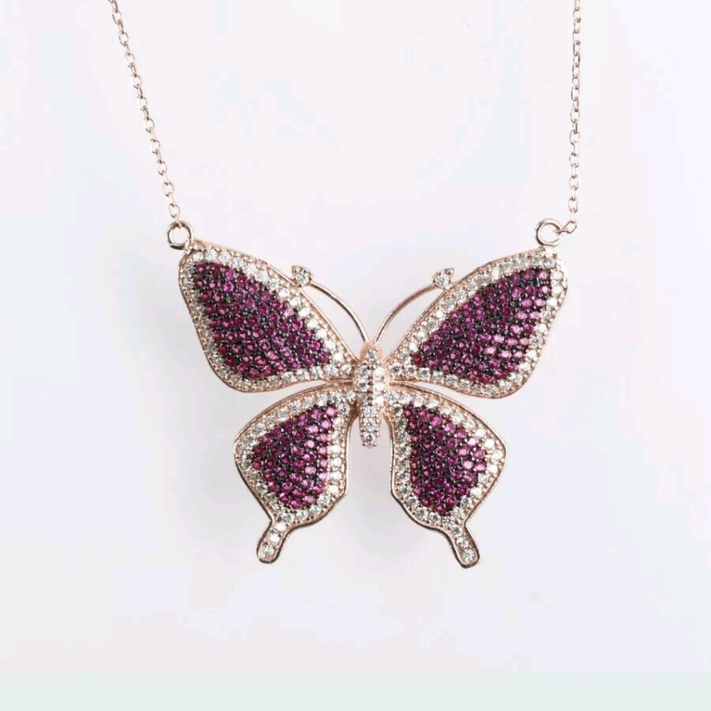 18"rose gold, ruby &white topaz butterfly necklace - Picture 4 of 4